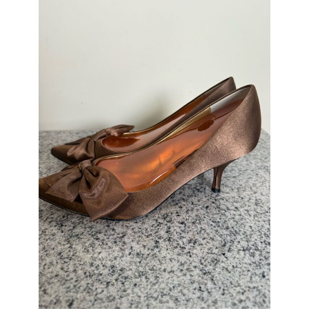 Nina Shoes Evening Formal Satin Dressy Copper Brown Bow Kitten Heels 7.5 Point T - Picture 6 of 9